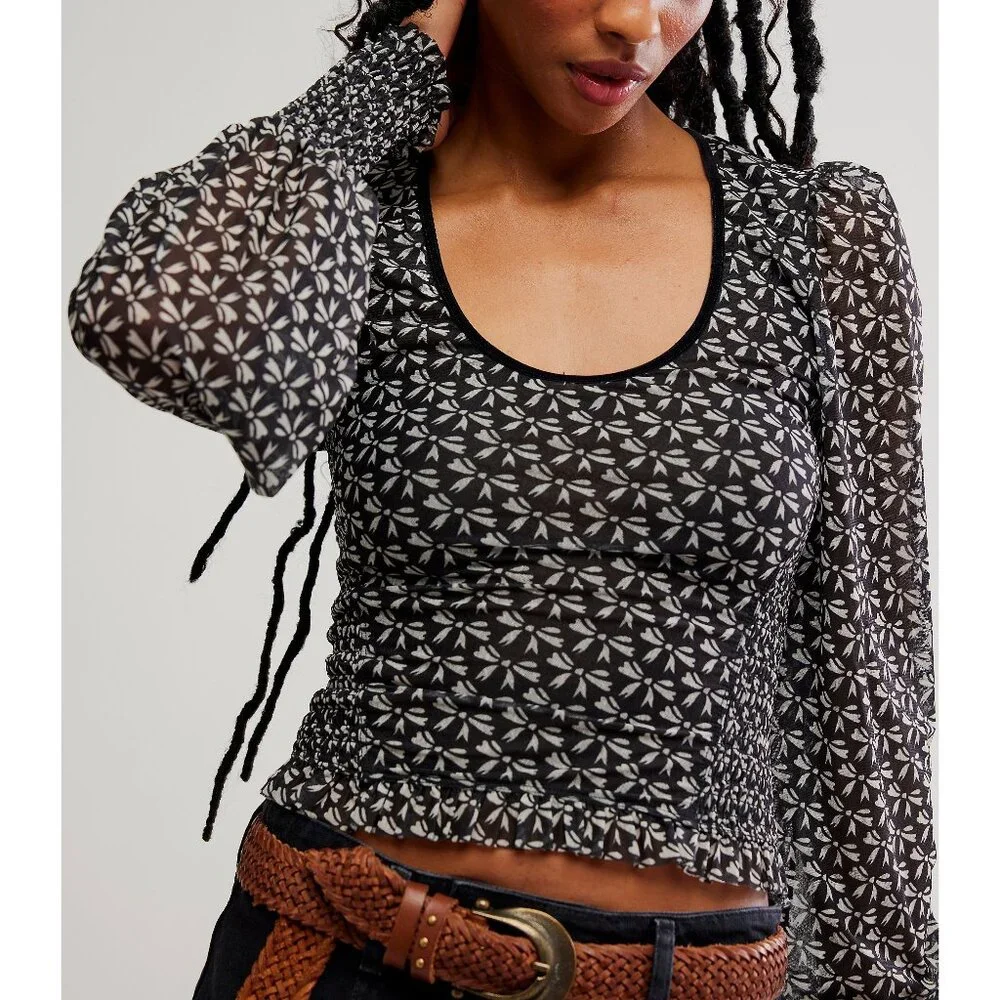 Free People Black Floral Mesh Puff Sleeve Top